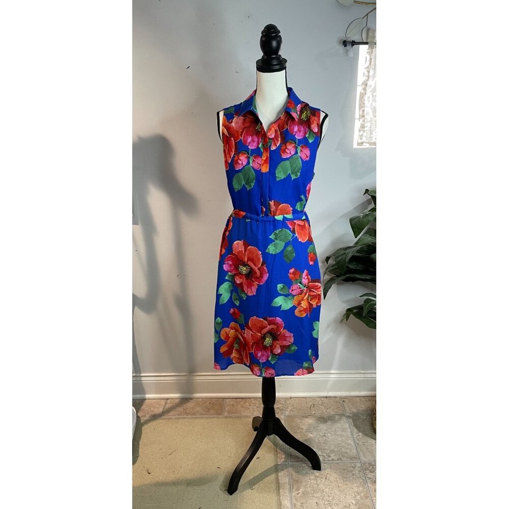 Foxcroft NYC Size 12P Sleeveless Floral Dress With Pockets & Belt Blue & Red